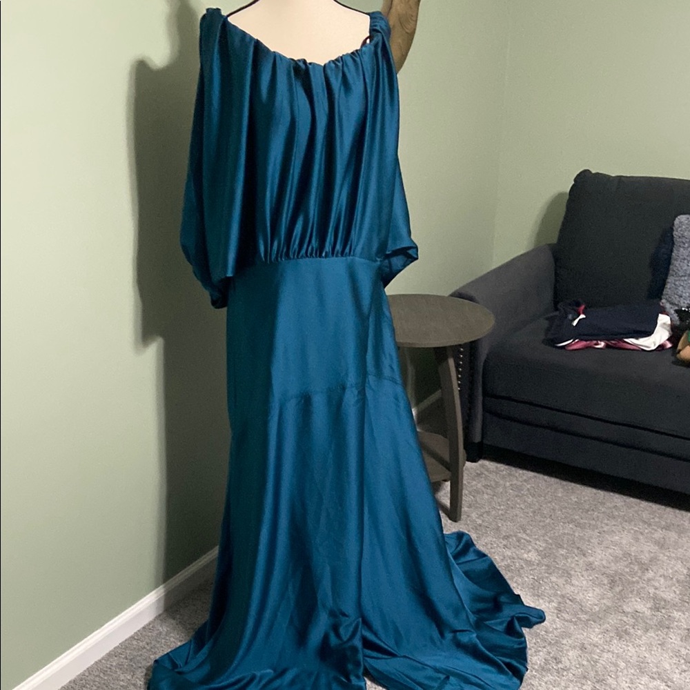 Premier Blue Off the Shoulder Long Sleeve Gown